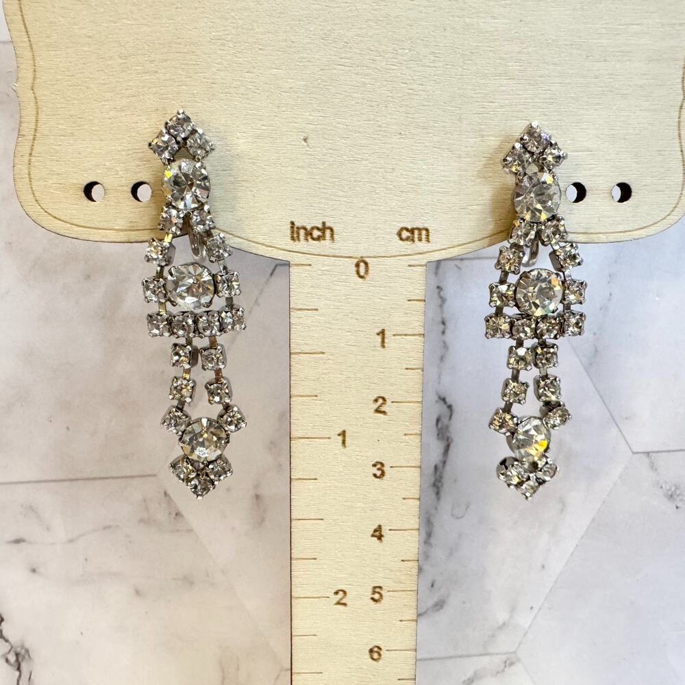 Vintage Rhinestone Chandelier Earrings Silver Tone Dangle Screw Back Art Deco